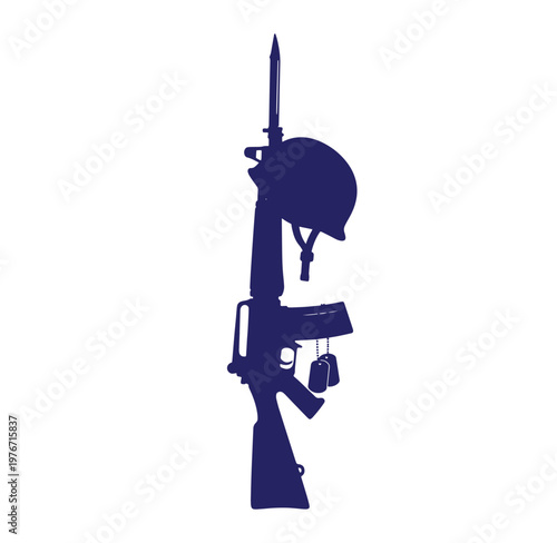 Silhouette of a rifle with a helmet and bayonet and dog tags  military symbol