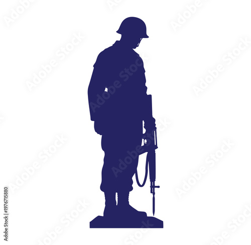 Silhouette of a soldier standing with a rifle in hand in profile view