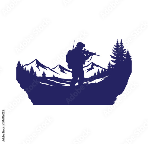 Soldier aiming rifle in front of mountains and trees  military landscape scene
