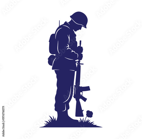 soldier in blue silhouette standing with rifle in hand and flower on ground