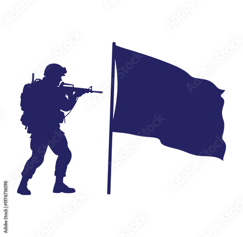 Soldier in combat gear holding rifle next to waving flag  military operation scene