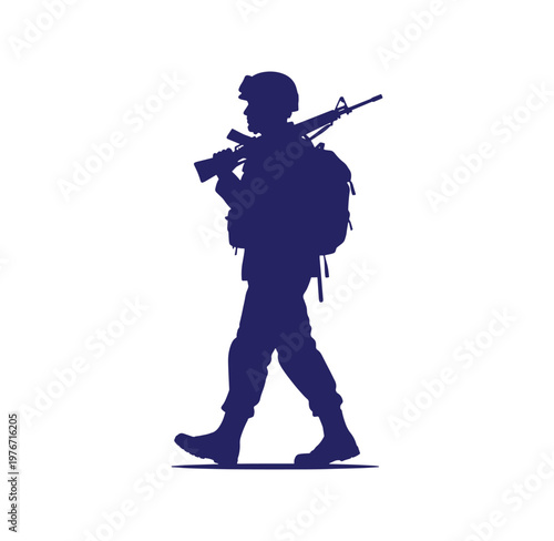 Soldier walking with backpack and rifle on shoulder in profile view