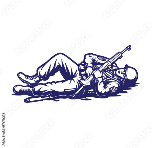 soldier lying on ground with rifle and helmet on white background