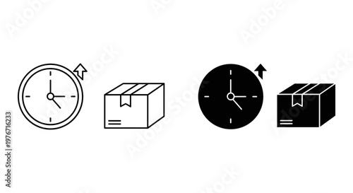 Minimalist delivery icons set, logistics clock and cardboard box symbols, fast shipping and express courier service vector elements