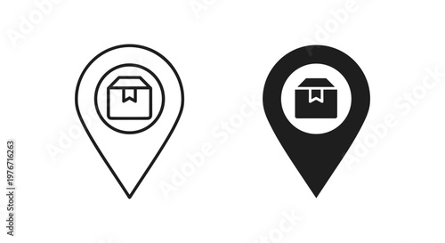 Delivery location map pin icons, package tracking pointer symbols, black and white shipping destination markers for logistics and e-commerce apps