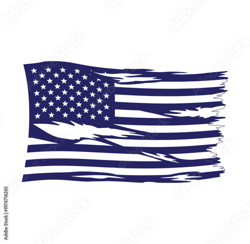 Torn American flag waving with stars and stripes isolated on white background