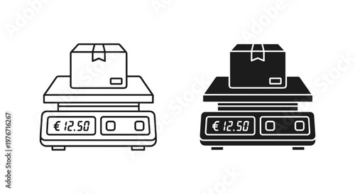 Logistics parcel weighing scale icons, cardboard box on digital shipping scale, delivery weight measurement symbols for warehouse and postal services