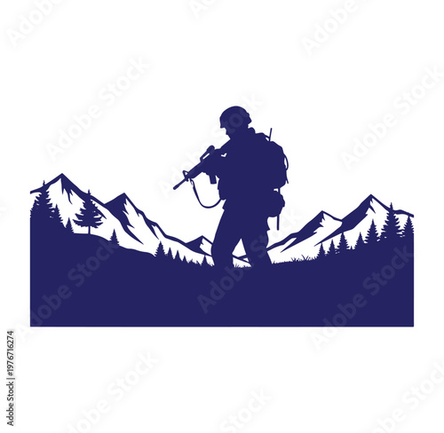 Soldier with backpack and gun walking in front of snowy mountains and trees
