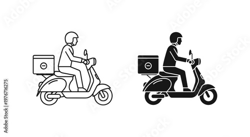 Delivery scooter vector icons, courier riding motorbike with cargo box, black and white line art of food delivery moped service