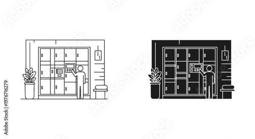 Smart parcel locker vector icons, person using automated delivery storage system, modern self-service post office terminal in line and glyph style