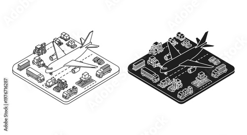 Isometric airport ground support equipment vector set, airplane maintenance and cargo loading vehicles, black and white aviation logistics icons