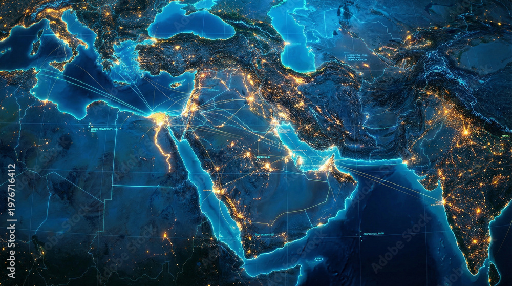 Obraz premium Global connectivity map in middle east region showing energy network routes and city data links with digital infrastructure growth for technology trade logistics and geopolitical analysis use