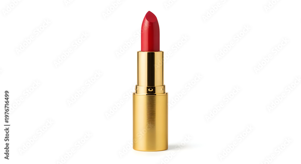 Fototapeta premium A close-up view of a luxurious red lipstick in a golden tube isolated on white background