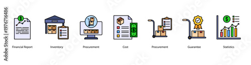 Financial and Inventory Control web banner icon vector illustration featuring Financial Report, Inventory, Procurement, Cost, Procurement, Guarantee, and Statistics for effective business management.