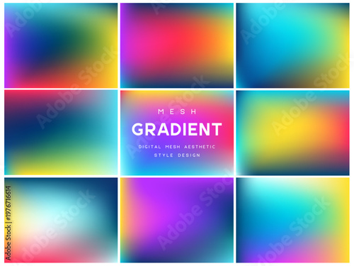 Collection of vibrant neon mesh gradients. Abstract colorful backgrounds for summer festivals, music parties and high-energy digital designs. Bright blurred textures, vector illustration.