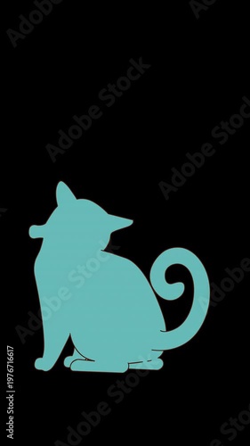 Animated turquoise cat turning head on black background