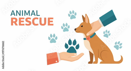 Dog rescue illustration featuring a brown dog being cared for by human hands.