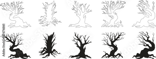 Bare tree silhouettes set with detailed roots and twisted branches in seasonal leafless style for nature themes. Hand drawn woodland elements for autumn, winter designs, logos, tattoos. Rustic organic