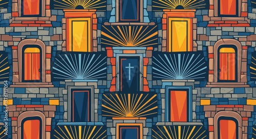 Mysterious Stone Facade with Illuminated Doors and Sunburst Motifs