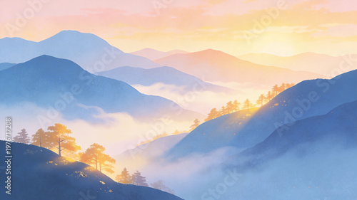 Serene mountain landscape bathed in the warm glow of sunrise, casting soft light and shadows across mist-filled valleys and forested slopes