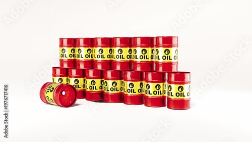 Barrels on oil in white background making an oil leak while camera moving slowly. 4K 3d-animation prepresenting rising oil economy and price. 