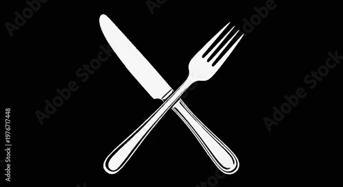 Elegant Crossed Knife and Fork Illustration on Black Background.