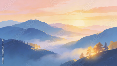 A breathtaking and serene sunrise paints a tranquil mountain range, with soft mist gently embracing the valleys below, illuminating the peaceful landscape at dawn