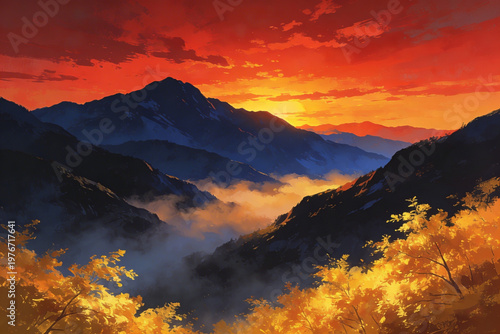 Majestic mountain range bathed in the warm glow of a vibrant sunset, with mist weaving through the valleys and autumn foliage painting the slopes