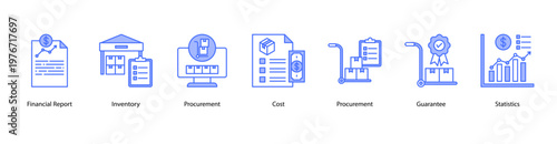 Financial and Inventory Control web banner icon vector illustration featuring Financial Report, Inventory, Procurement, Cost, Procurement, Guarantee, and Statistics for effective business management.