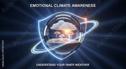 3D Render of a Shield Protecting a Glass Globe with Storm Clouds and Rain Inside, Conceptual Illustration for Emotional Climate Awareness, Mental Health Support, and Understanding Inner Weather