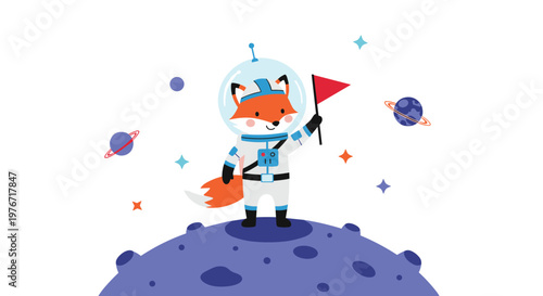 Cute cartoon fox dressed as an astronaut holding a red flag while standing on a cratered purple planet in outer space.