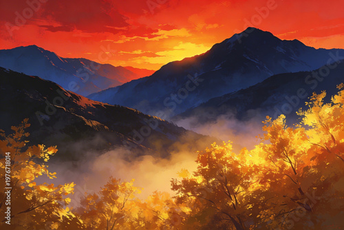 Golden autumn foliage bathes the mountain valleys in a vibrant glow under a fiery sunset sky, creating a breathtaking and serene natural spectacle