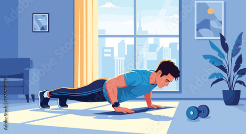 Athletic man performing pushups in a modern living room as part of a home workout routine with a city view window.