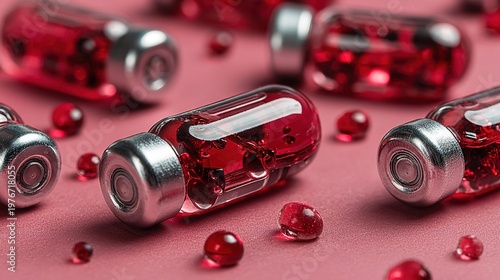 Course of injections of B vitamins. Ampoules with red liquid. Beauty and health concept