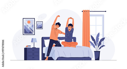 Two young men waking up and stretching on a comfortable bed in a bright bedroom during their daily morning routine.