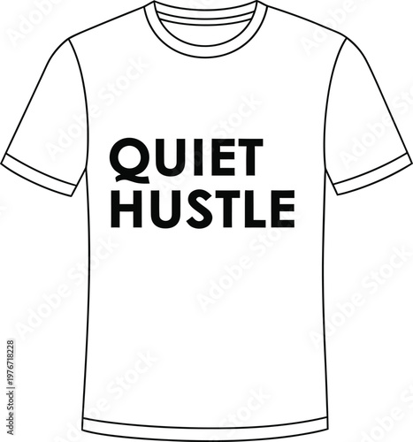 Black and white line drawing of a t shirt with text