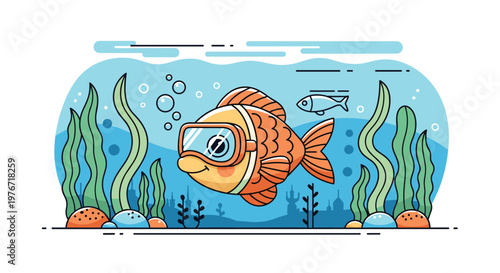Friendly orange fish wearing swim goggles exploring a colorful underwater world with bubbles and green sea plants.