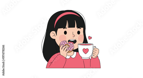 Cute cartoon girl enjoying a pink frosted donut and a hot drink from a white cup decorated with a red heart.