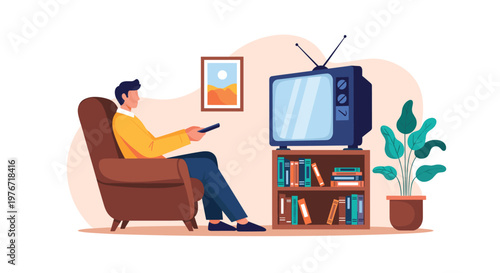 Relaxed man sitting in a comfortable armchair while watching a vintage television set in a cozy living room.