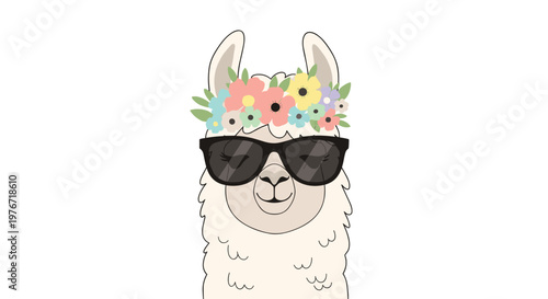 Stylish llama wearing dark sunglasses and a colorful floral crown isolated on a clean white background illustration.