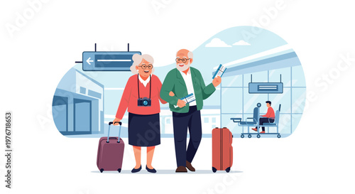 Happy senior couple walking through an airport terminal with suitcases and travel tickets for their world vacation.