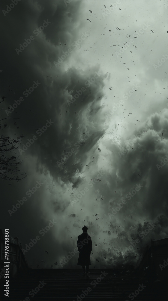 Fototapeta premium Dark Stormy Sky with Person Silhouetted on Staircase 