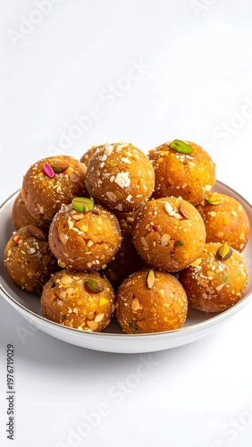 Close-up of golden, spherical Indian sweets with nuts, arranged in a white bowl