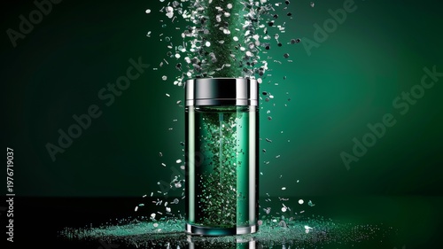 Tall cylindrical perfume bottle surrounded by cascading silver glitter particles against a deep emerald green background for luxury cosmetic advertising campaigns