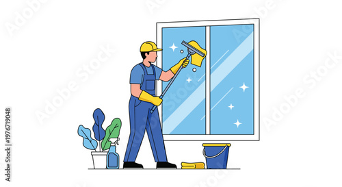 Professional window cleaner in a blue uniform and yellow helmet using a squeegee on a large glass house window.