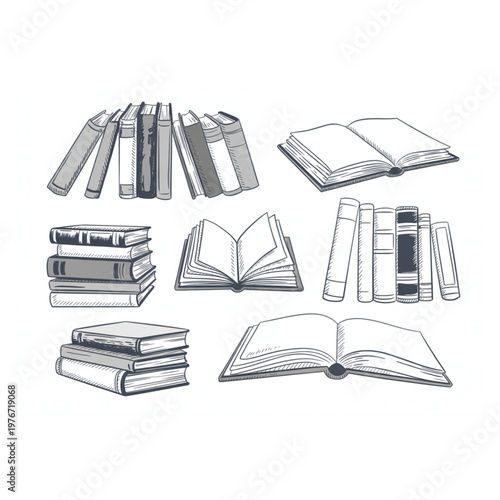 Hand drawn sketch illustration of various books, featuring open pages, stacks and rows for literature and education