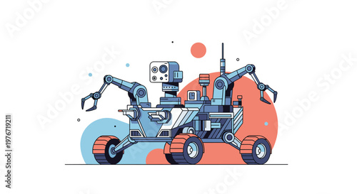 Robotic space exploration vehicle with mechanical arms and large wheels traverses a distant planetary surface under moons.