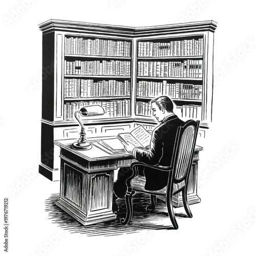 Vintage woodcut illustration of a man reading at a desk in a library, with bookshelves