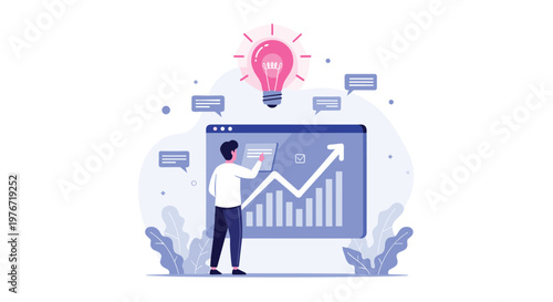 Professional analyst reviewing business growth charts on a digital screen while a bright lightbulb sparks creative ideas.