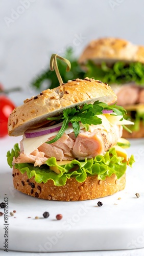 Close-up of a gourmet sandwich with fresh ingredients